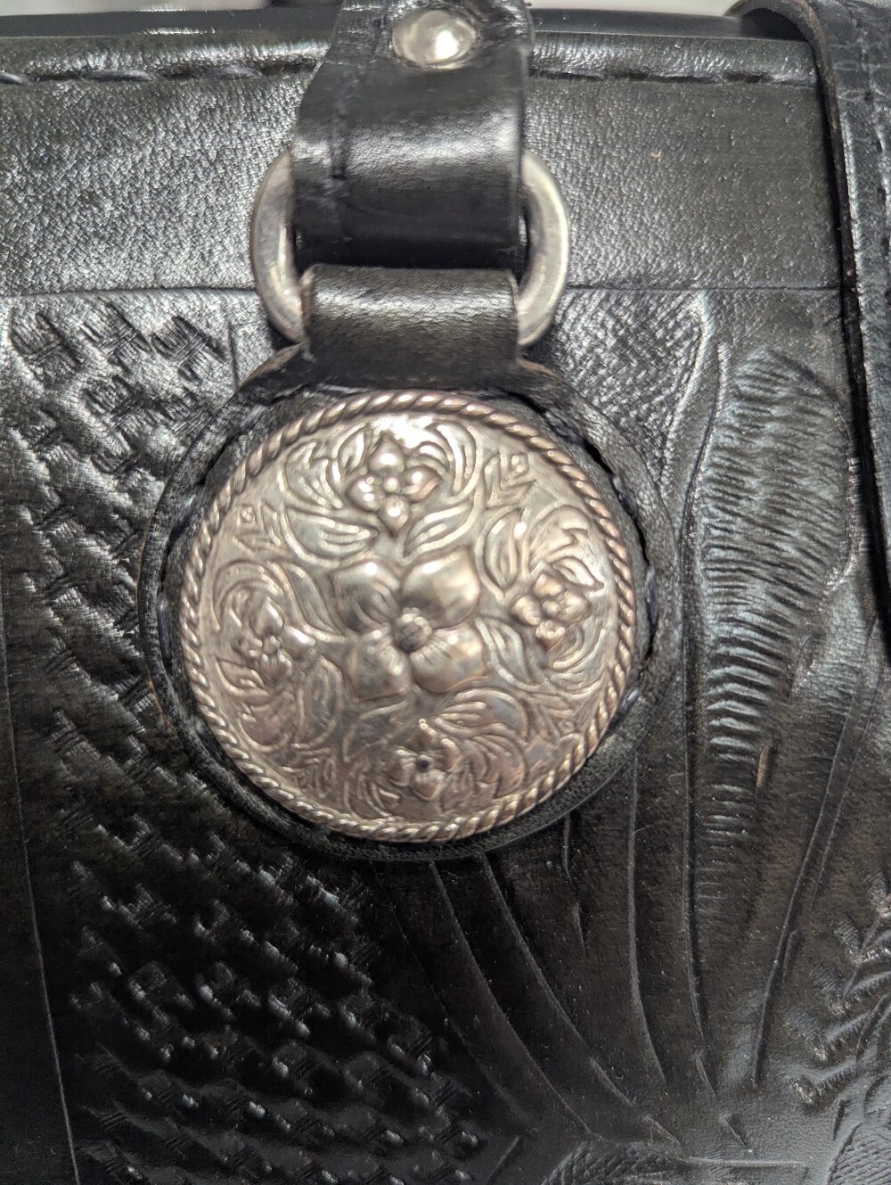 American West Black Western-Style Tooled Leather Satchel - Picture 8 of 10